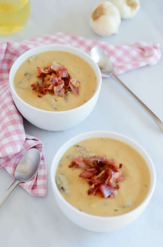 Caramelized Leek and Parsnip Soup with Crispy Prosciutto and Mushrooms | CaliGirlCooking.com
