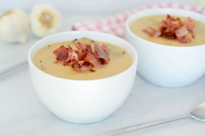 Caramelized Leek and Parsnip Soup with Crispy Prosciutto and Mushrooms | CaliGirlCooking.com