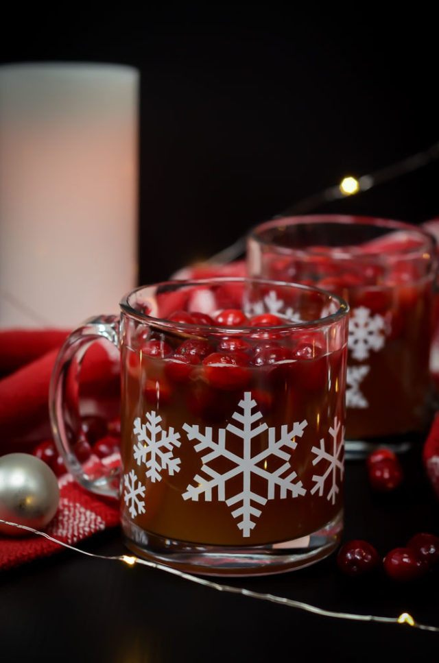 This 5-Minute Boozy Spiced Hot Apple Cider is an easy, festive holiday cocktail dressed up with fresh cranberries and cinnamon sticks.