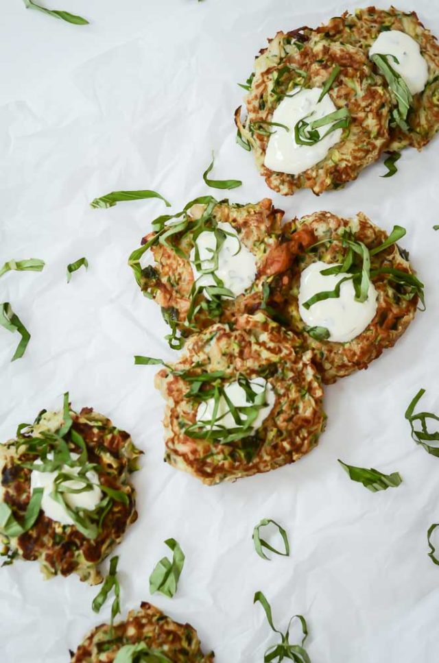 These Crab Zucchini Stuffing Cakes with Lemon Basil Aioli are a fun take on the classic crab cake appetizer, and they're loaded with vegetables!