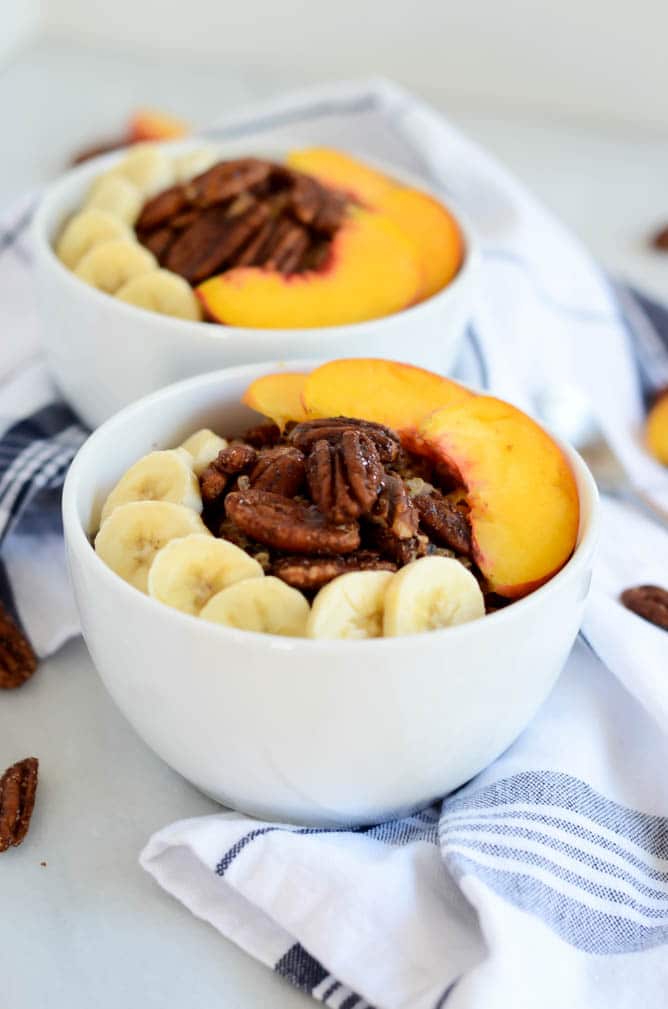 Banana Peach Breakfast Quinoa with Cinnamon Sugar Pecans | CaliGirl Cooking