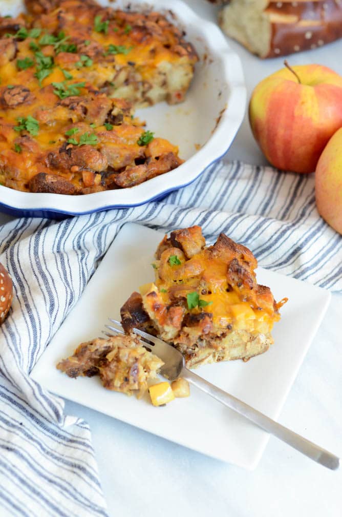 Savory Pretzel Bread Pudding with Cheddar, Apples and Sausage | 21 Recipes to Get Hygge With on CaliGirlCooking.com