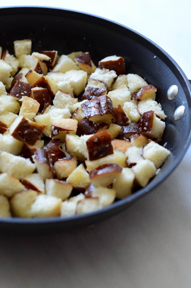Savory Pretzel Bread Pudding with Cheddar, Apples and Sausage | CaliGirlCooking.com