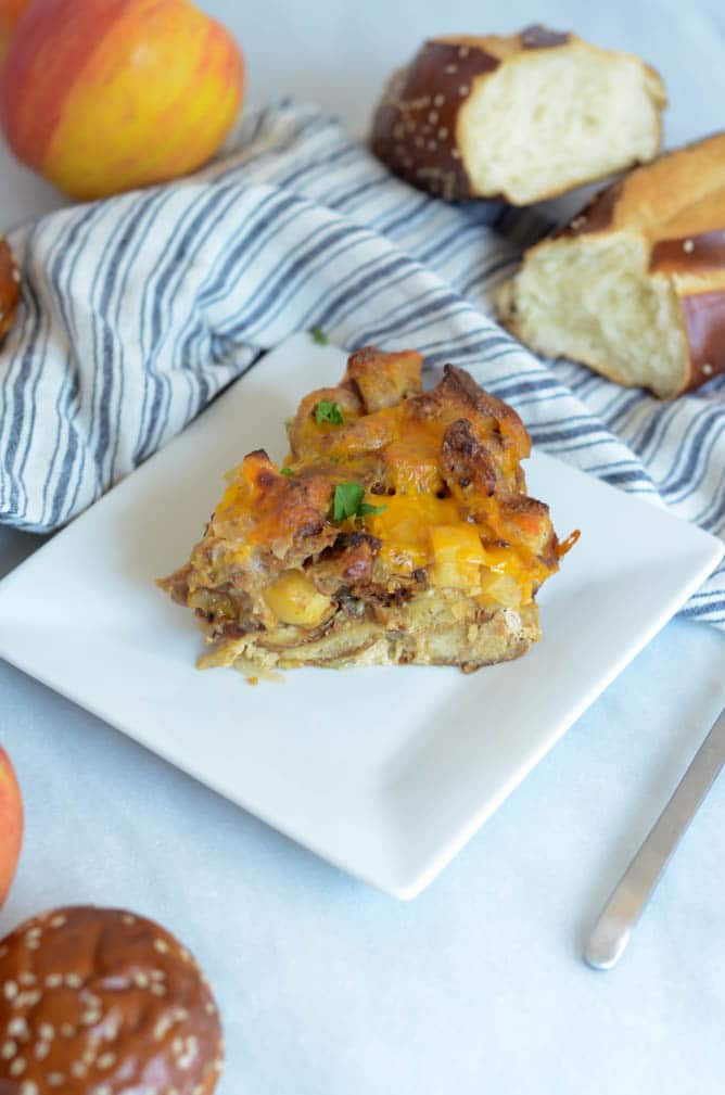 Savory Pretzel Bread Pudding with Cheddar, Apples and Sausage | CaliGirlCooking.com