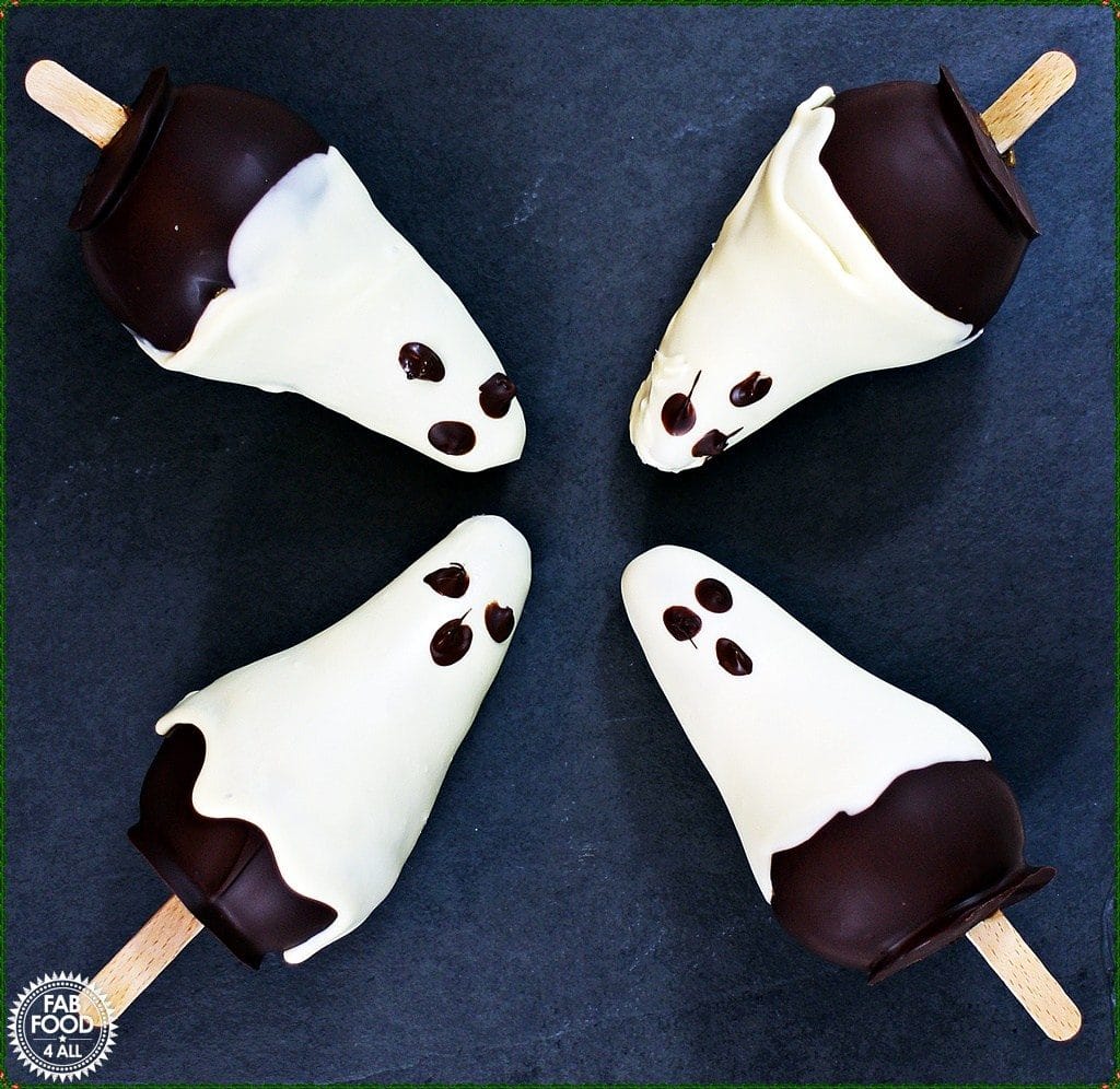 Chocolate Pear Ghosts by Fab Food 4 All | 22 Quick & Easy Halloween Recipes at CaliGirlCooking.com