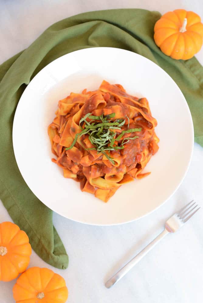 Easy Pumpkin Basil Marinara with Pappardelle and Sweet Potato Noodles | CaliGirlCooking.com