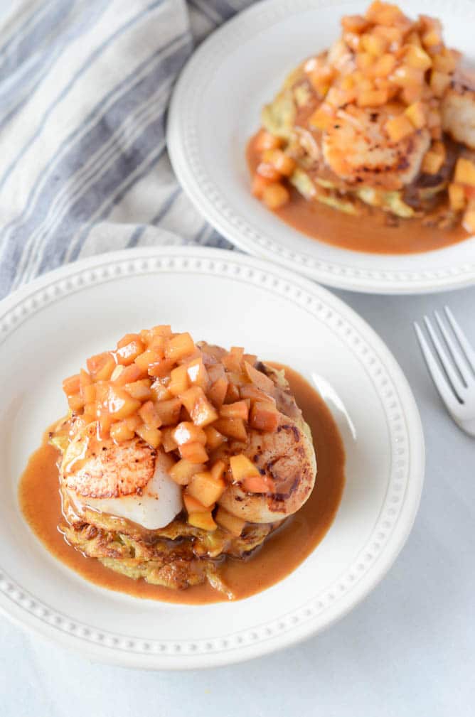 Spiced Spaghetti Squash Pancakes with Seared Scallops and Apple Brandy Sauce | CaliGirlCooking.com