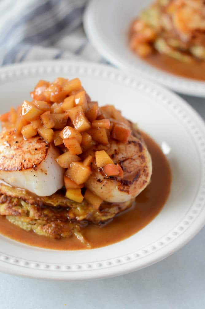 Spiced Spaghetti Squash Pancakes with Seared Scallops and Apple Brandy Sauce | CaliGirlCooking.com