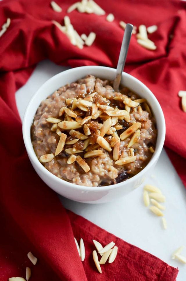 A single-serving bowl of cherry pie oatmeal.