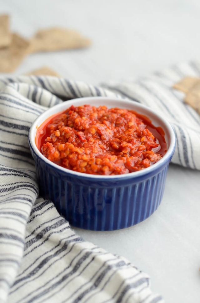 A dish of freshly made Three-Ingredient Calabrian Chili Spread.