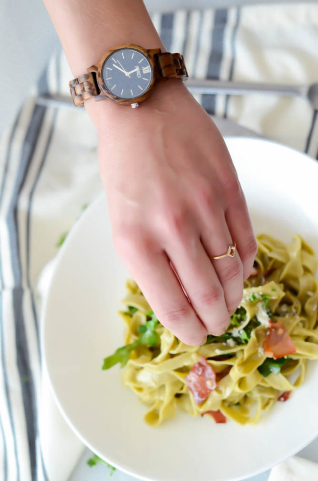 Homemade Matcha Pasta with Tangy Creme Fraiche and Crispy Prosciutto | A partnership with JORD Wood Watches on CaliGirlCooking.com