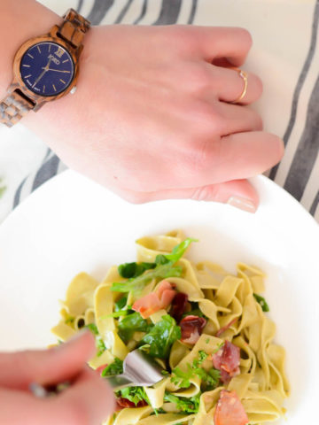 Homemade Matcha Pasta with Tangy Creme Fraiche and Crispy Prosciutto | A partnership with JORD Wood Watches on CaliGirlCooking.com