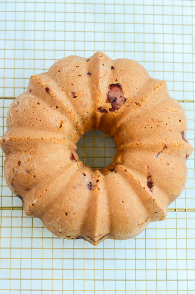 Fresh Strawberry Vanilla Bundt Cake with Lemon Glaze | CaliGirlCooking.com - Baked cake without glaze.