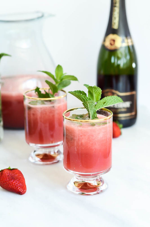 Minty Watermelon Strawberry Refresher | CaliGirlCooking.com - The perfect cocktail OR mocktail for late spring celebrations like Mother's Day and Memorial Day. 