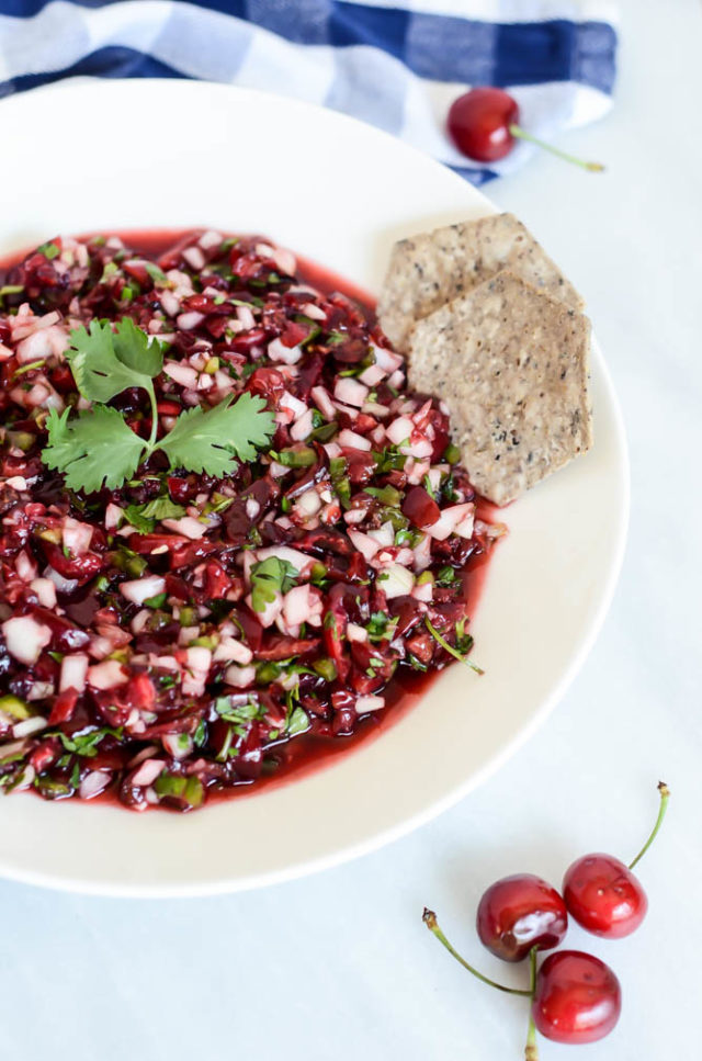 A bowl of delicious Cherry Salsa just waiting to be eaten with your favorite tortilla chips!