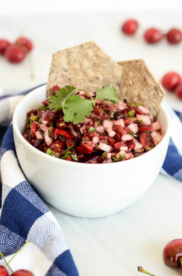 This Cherry Salsa is the perfect appetizer or snack for any barbecue or family get-together you're having this weekend!
