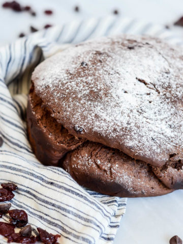 A loaf of delicious Chocolate Cherry Bread, fresh out of the oven from the kitchen of CaliGirl Cooking.