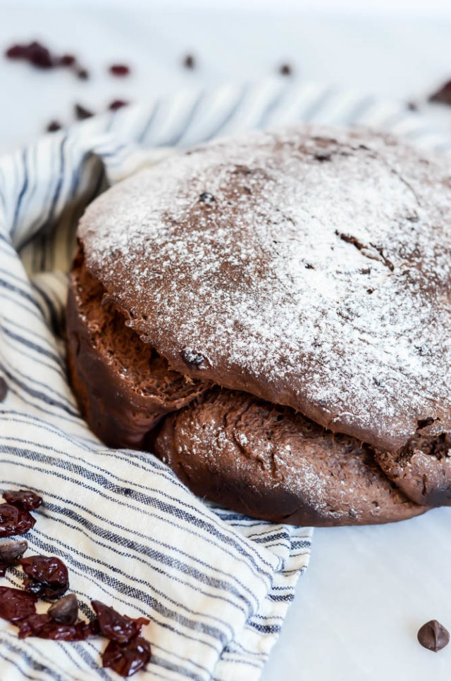 A loaf of delicious Chocolate Cherry Bread, fresh out of the oven from the kitchen of CaliGirl Cooking.