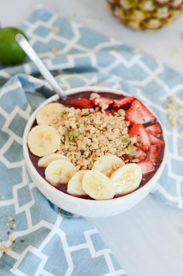 A healthy serving of Hidden Veggie Acai Bowls. Your answer to a quick, easy and healthy breakfast!