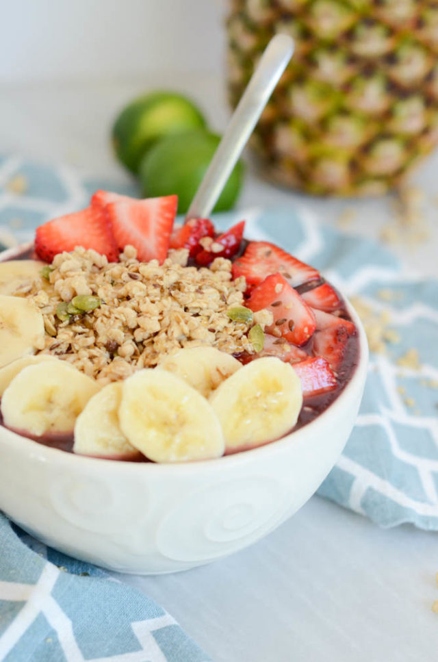 A close-up look at a delicious Hidden Veggie Acai Bowl from CaliGirl Cooking. The perfect healthy breakfast even the pickiest of eaters will love!