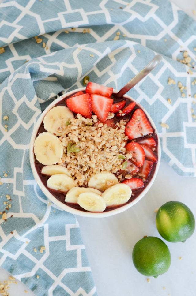 An overhead shot of delicious Hidden Veggie Acai Bowls. They'll be a huge hit with kids!
