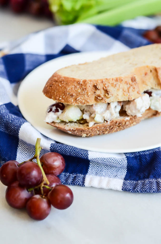Protein-Packed Healthy Chicken Waldorf Salad can be slathered on bread for a nutritious, filling lunch!