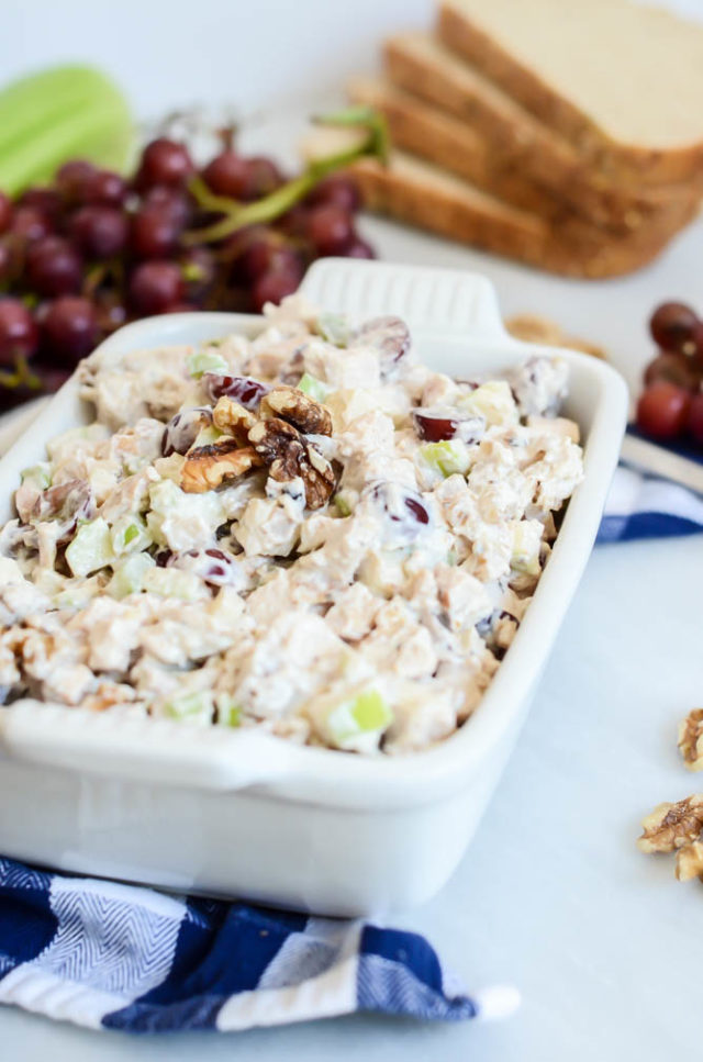 A big dish of Protein-Packed Healthy Chicken Waldorf Salad is the perfect no-cook dish to serve in the summer heat.
