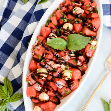 A big bowl of refreshing Watermelon Caprese Salad with Prosciutto. The perfect summer salad!