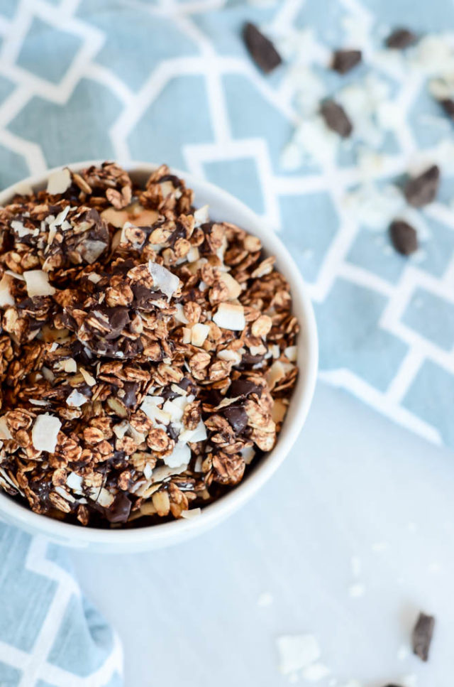 A delicious bowl of Dark Chocolate Coconut Granola just waiting to be consumed.