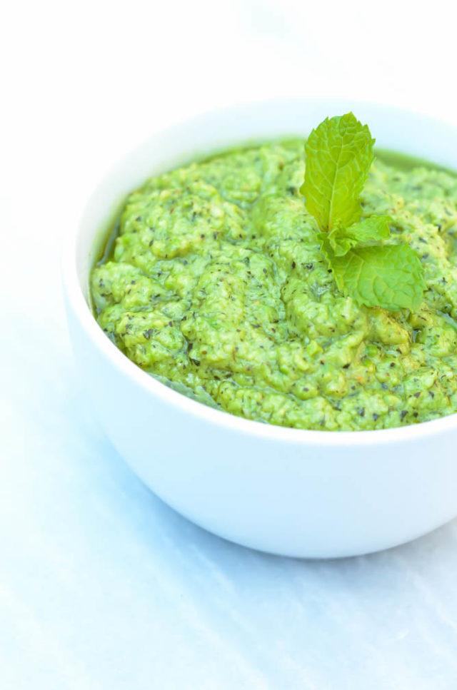 Mint Pea Pesto is the perfect, easy accompaniment to Herb Crusted Rack of Lamb.
