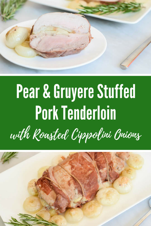 Pear and Gruyere Stuffed Pork Tenderloin with Roasted Cippolini Onions | CaliGirlCooking.com