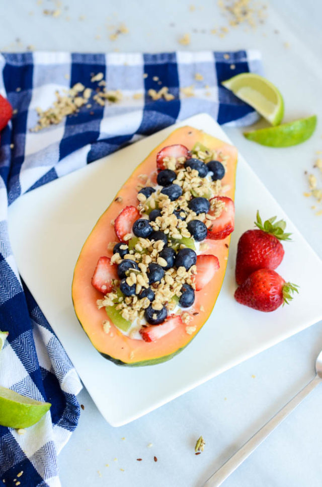 A Back-to-School Papaya Breakfast Boat ready to be devoured by any hungry adult or kiddo!