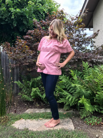 Dusty pink off-the-shoulder top from Ingrid & Isabel, jeans from Old Navy.