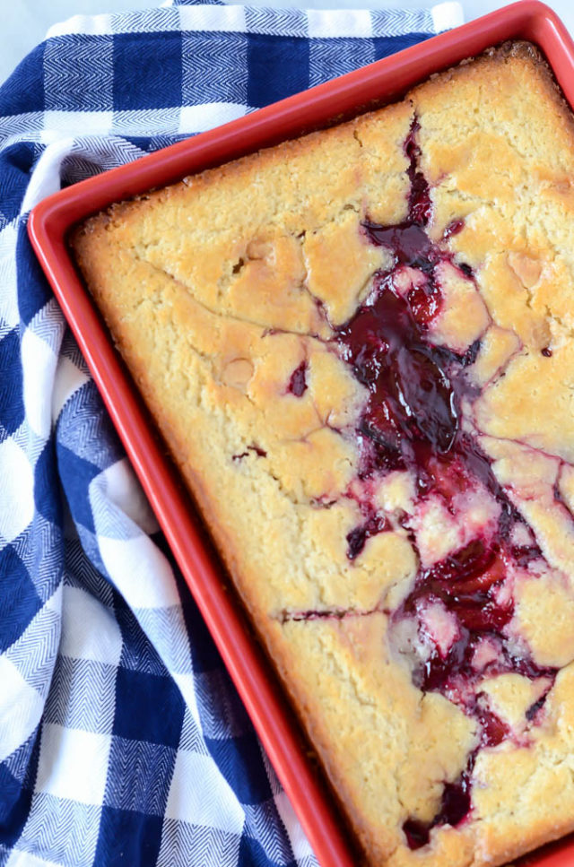 A sweet, fruity filling peaks through the center of this Upside Down Pluot Cobbler.