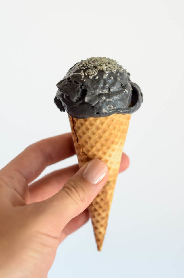A hearty scoop of vanilla-flavored Activated Charcoal Ice Cream.
