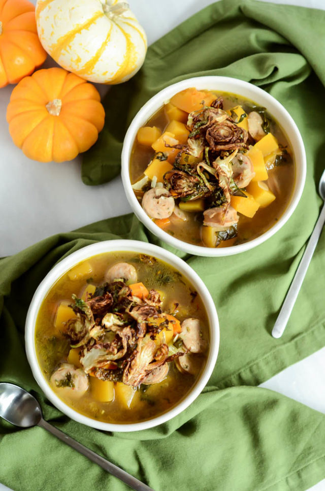 Two delicious bowls of Butternut Squash and Sausage "Stoup" with Crispy Brussels Sprouts ready to be devoured!