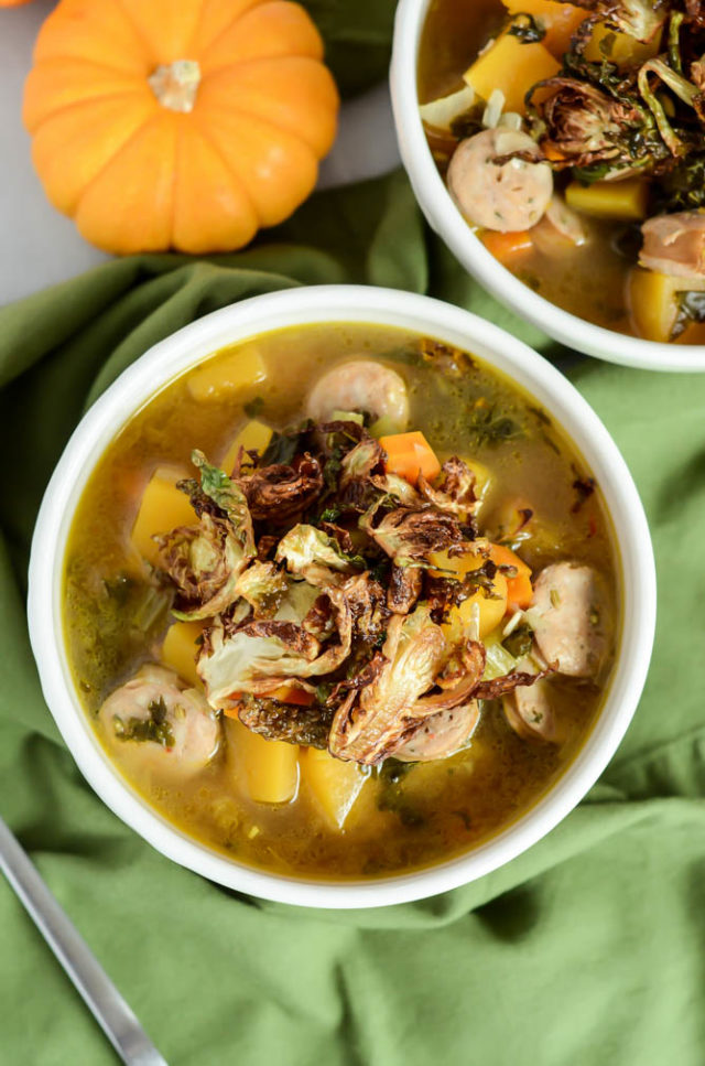 Butternut Squash and Sausage "Stoup" with Crispy Brussels Sprouts is a hearty yet healthy weeknight meal that anyone will love.