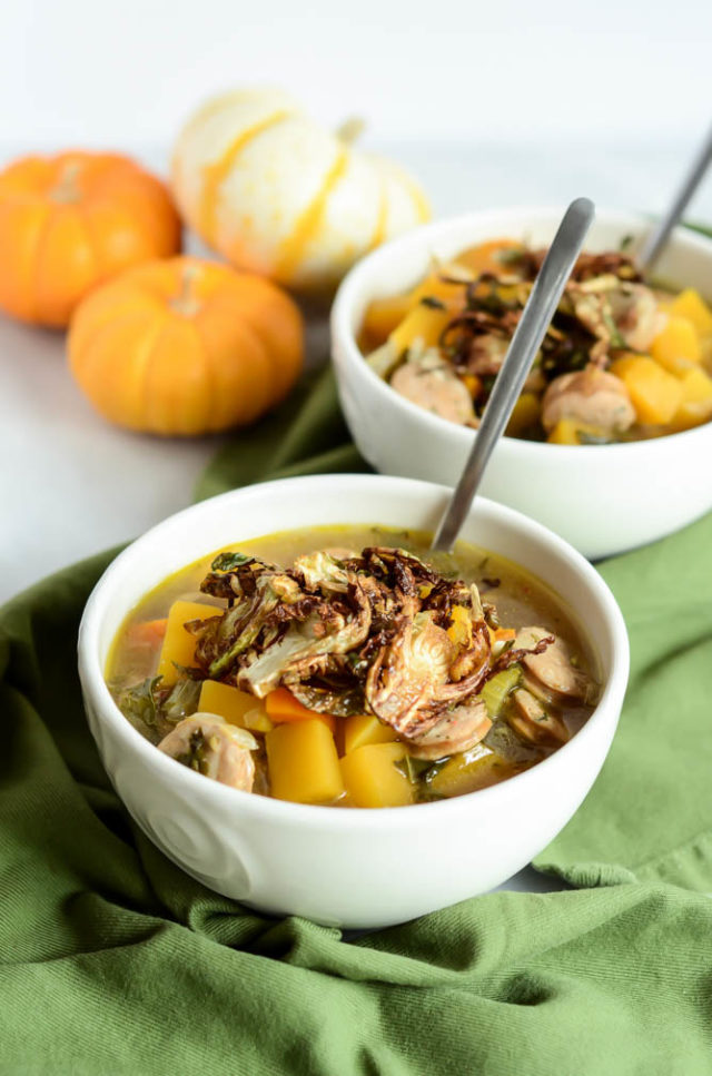 Butternut Squash and Sausage "Stoup" with Crispy Brussels Sprouts is the perfect healthy, hearty weeknight fall meal.