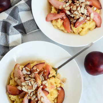 Pear and Plum Breakfast Polenta with Maple Syrup | CaliGirlCooking.com