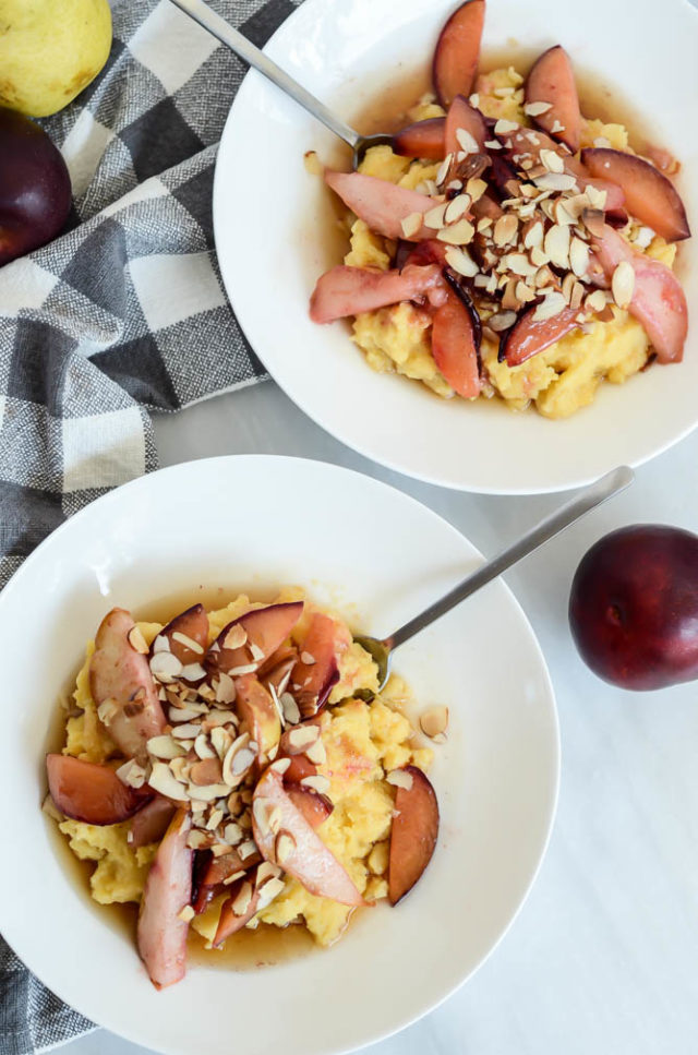Pear and Plum Breakfast Polenta with Maple Syrup is hearty, filling and delicious.