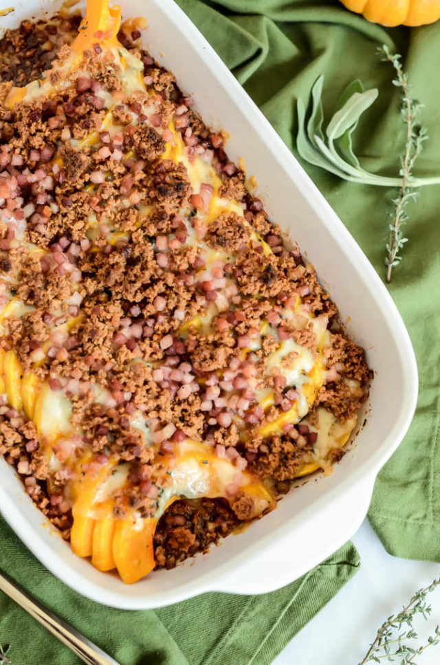 This Herbed Butternut Squash Gratin with Amaretti Crumble is the perfect easy side dish for fall!