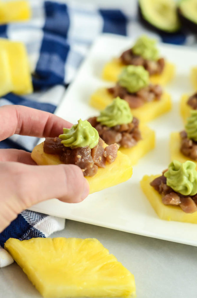 Ahi Poke Pineapple Bites with Avocado Mousse are both gluten-free and dairy free!