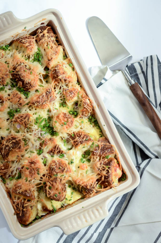 This Indulgent Smoked Salmon and Bagel Breakfast Casserole is the perfect make-ahead dish to serve at your next brunch!