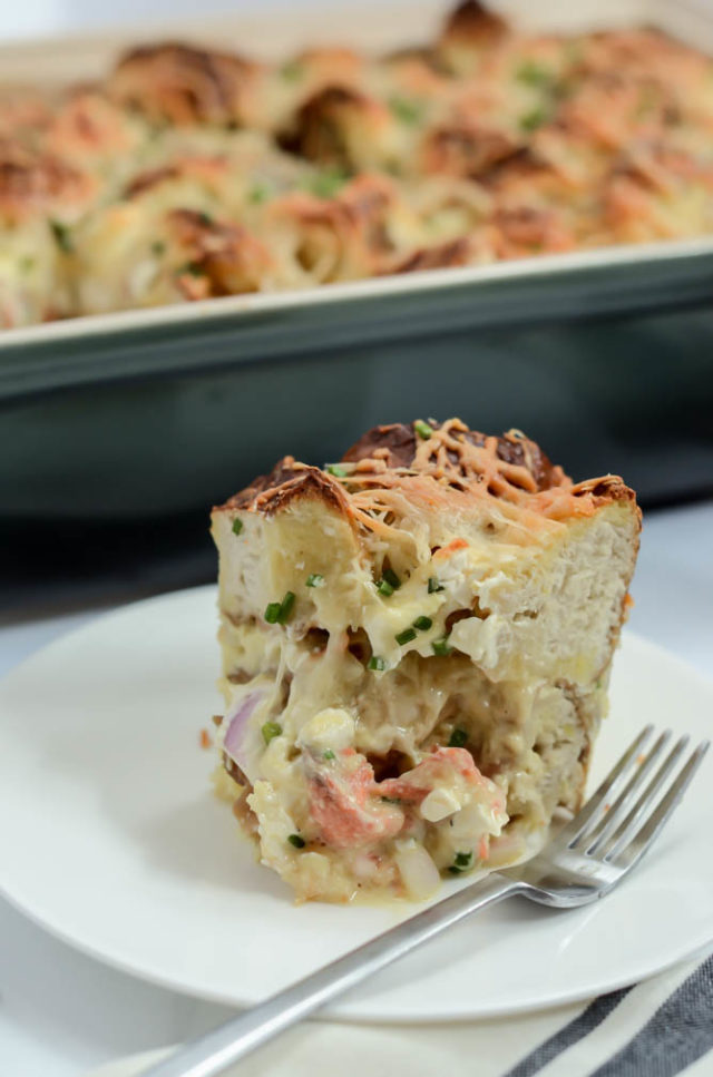 There's quite a bit of deliciousness in a hearty slice of this Indulgent Smoked Salmon and Bagel Breakfast Casserole!