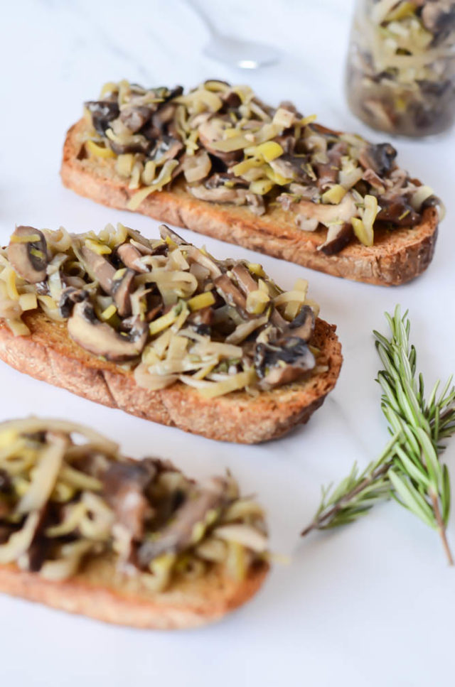 This Mixed Mushroom and Leek Bruschetta appetizer is best served over slices of your favorite rustic, crusty loaf of bread.