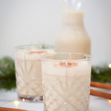 This Dairy-Free Eggnog Recipe uses oat milk as its base and is the perfect lightened up treat for the holidays!