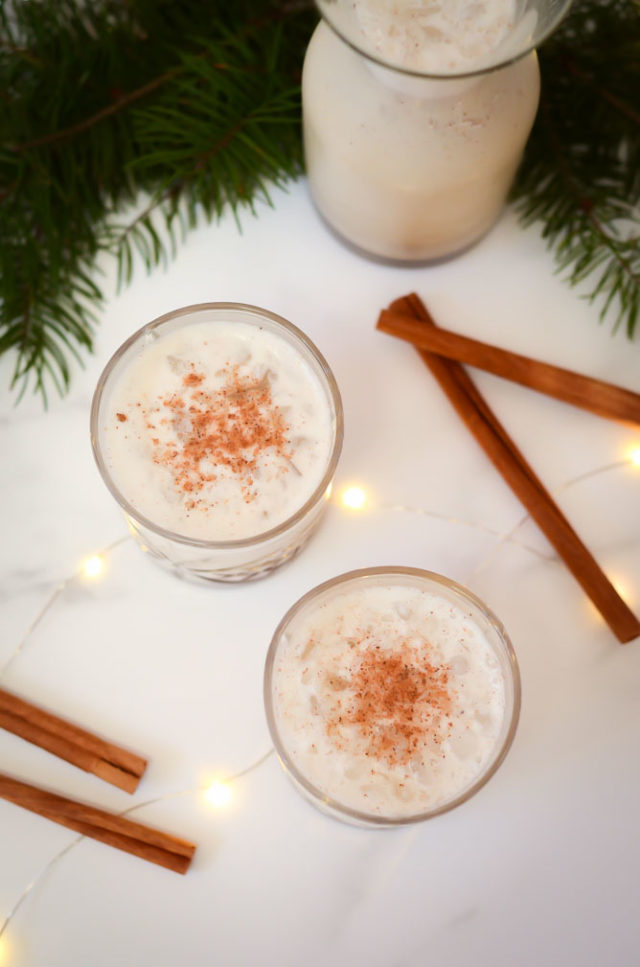 This Dairy-Free Eggnog Recipe uses oat milk as its base and is the perfect lightened up treat for the holidays!