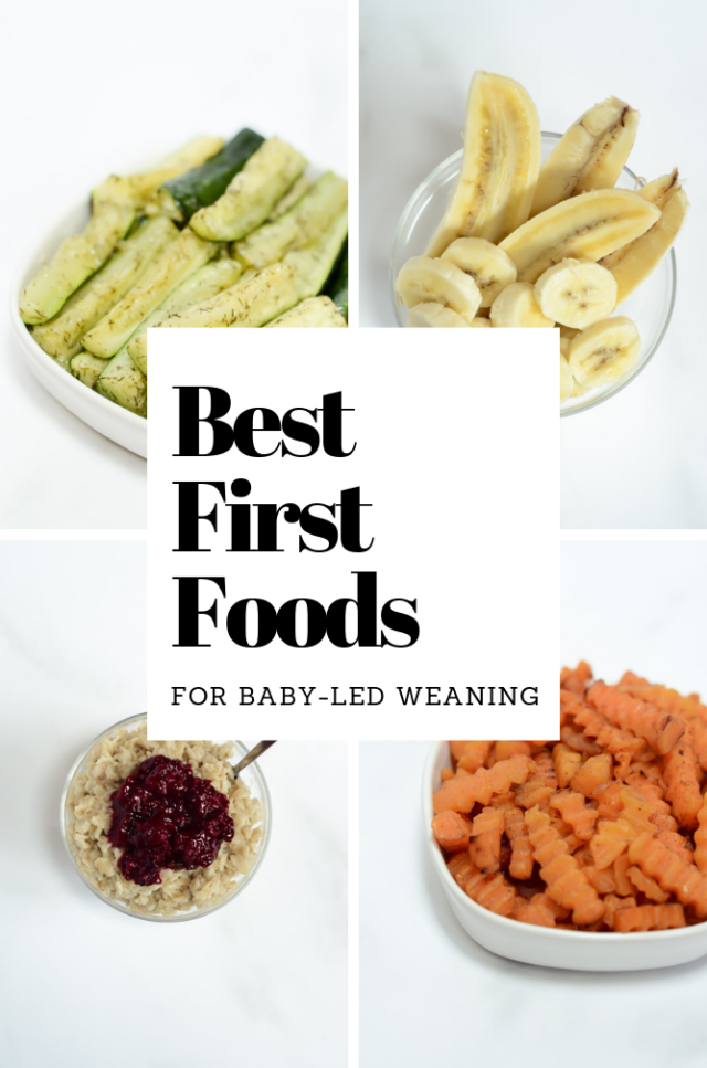 Title graphic showing four of the best first foods for baby-led weaning, including zucchini, squash, bananas and oatmeal.