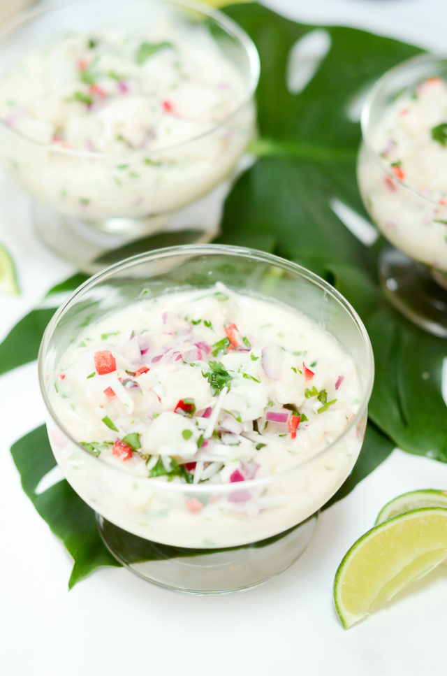 A shot of three bowls of Tropical Coconut Ceviche ready to be enjoyed.