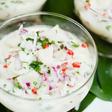 A close-up view of cool and refreshing Tropical Coconut Ceviche.